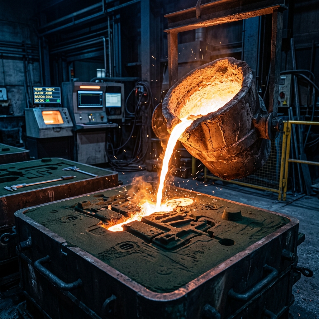 Molten metal pouring into industrial sand casting mold